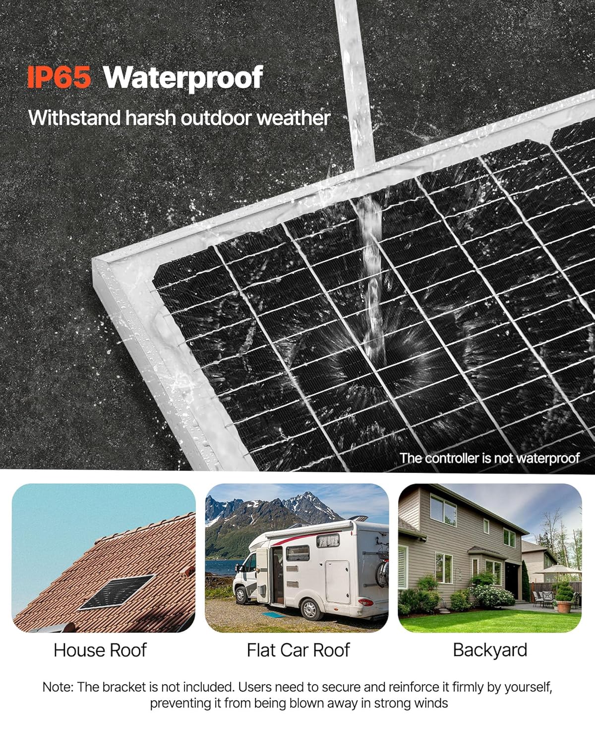 VEVOR 50W 12V Solar Battery Charger Maintainer, Mono Solar Panel Trickle Battery Charger with Upgraded MPPT Controller, IP65 Waterproof for Car Boat RV Trailer Flat Rooftop (Bracket Not Included)