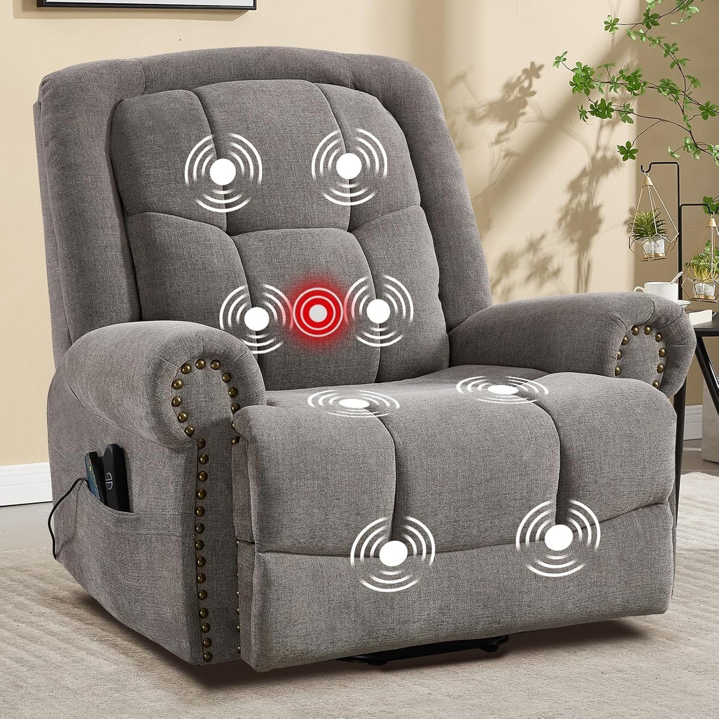 CANMOV 46" Wide Power Lift Recliner Chair for Elderly, Extra Large Electric Recliner, with Massage and Heat, Antiskid Fabric Recliner, USB Charger & Side Pockets, for Living Room, Brown