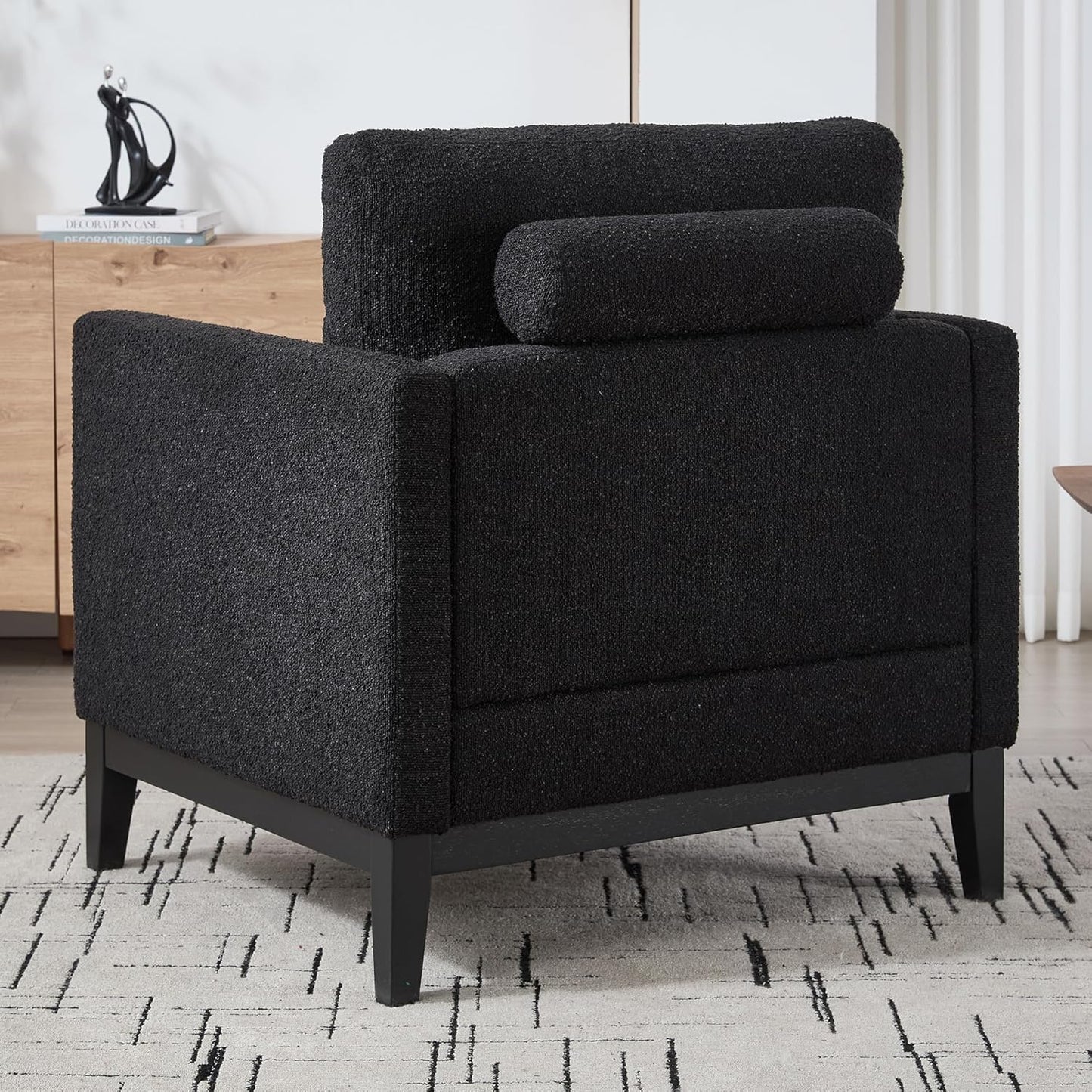 Yowan&Sillan 35.4" Wide Large Armchair Oversized Accent Chair,Modern Boucle Comfy Living Room Bedroom Reading Chairs Single Sofa,Black Wood Leg,Chairs for Lounge,Study,Office,Reception,Black