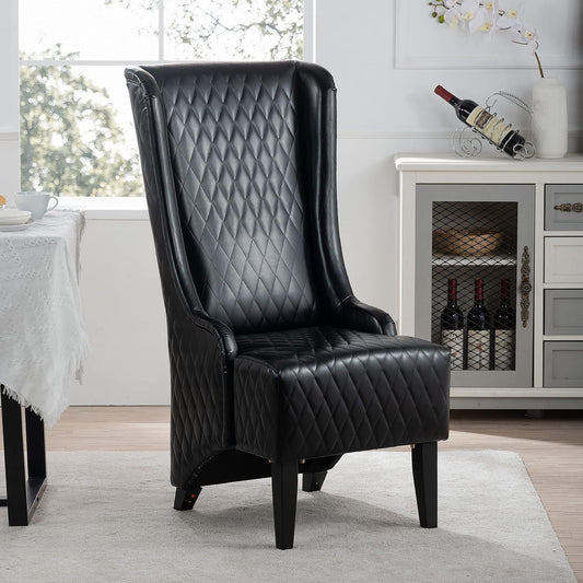 23.03" Wide Faux Leather High-Back Chair, Comfy High Wingback Chair, Living Room Chair with Soft Padded & Wooden Legs, Modern Side Chair for Living Room, Bedroom, Black