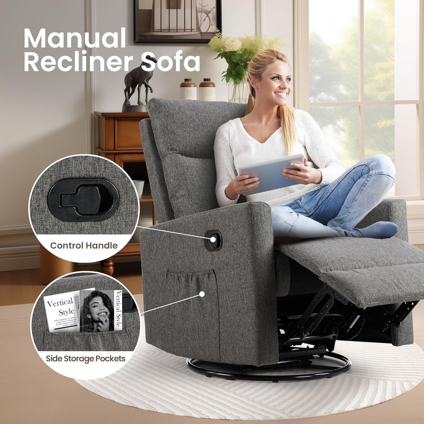 Rocking Recliner Chair with Large Footrest, Stain-Resistant Faux Leather Recliner Rocker, Office, High Back, Single Sofa Recliner for Living Room, Upholstered Deep Seat, Grey