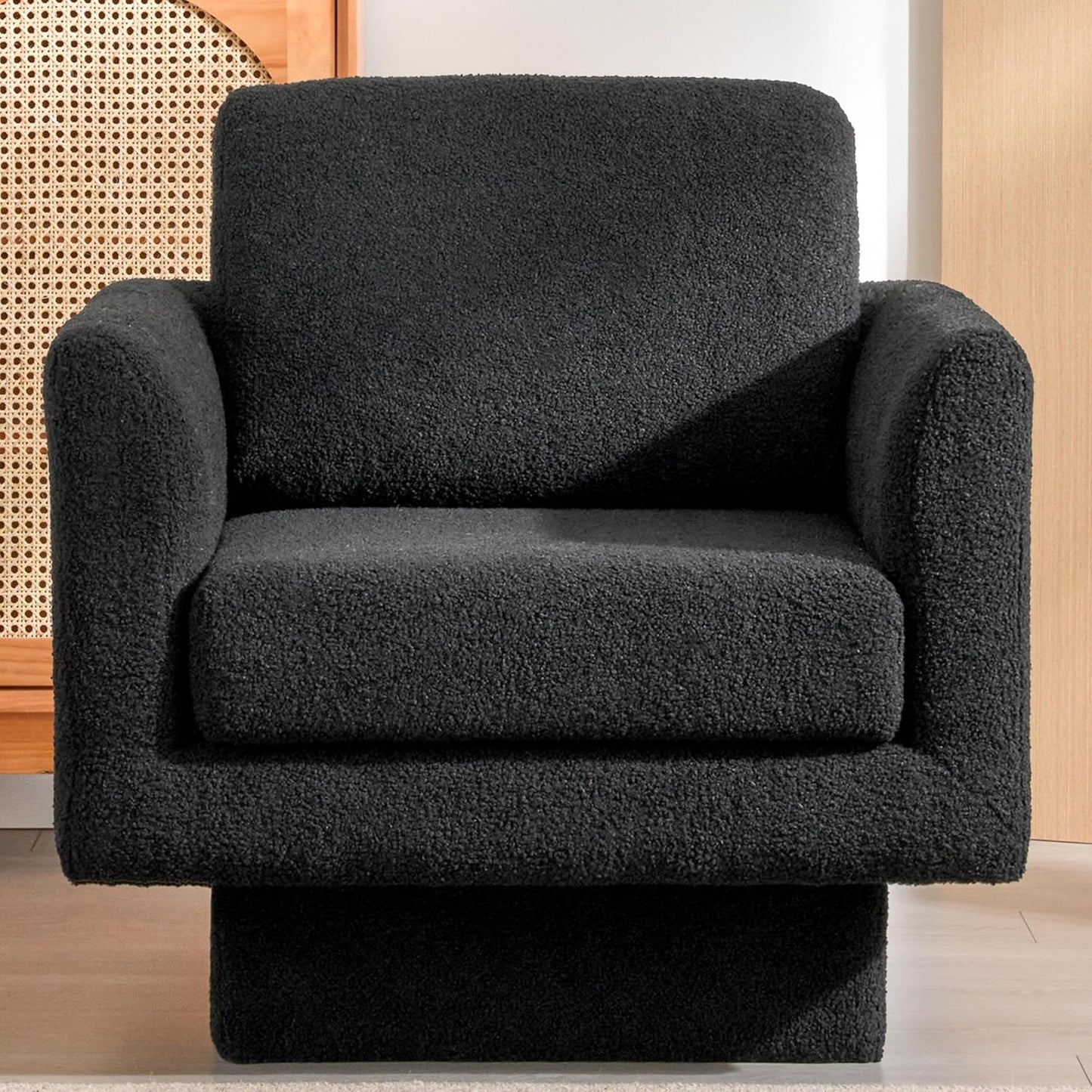 Christopher Knight Home Haven 360° Modern Swivel Accent Chair,Sherpa Boucle Fabric Armchair,Thick Padded Cushion Single Lounge Sofa,Upholstered Comfy Barrel Chair,Reading Club Chair,Living Room,Black
