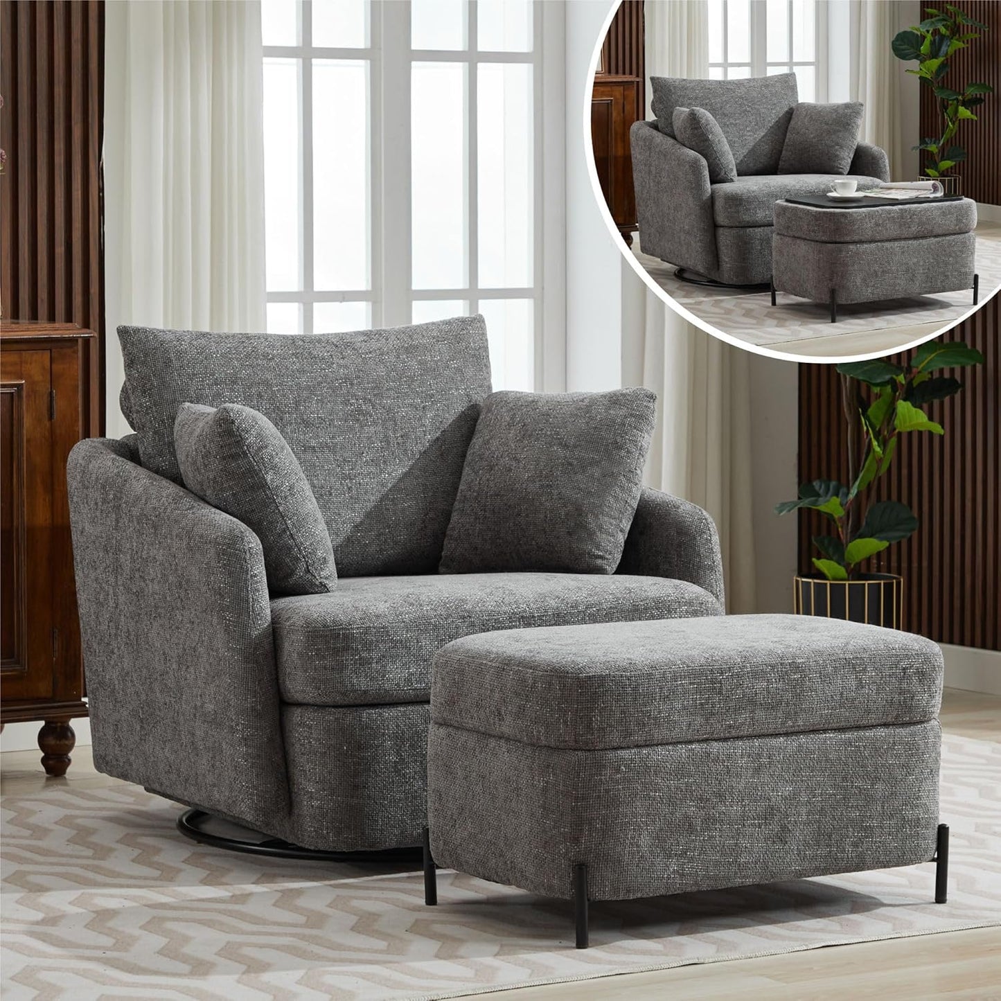 Chifee & Vingol 40.6" Oversized Swivel Accent Chair,Chenille,Orange