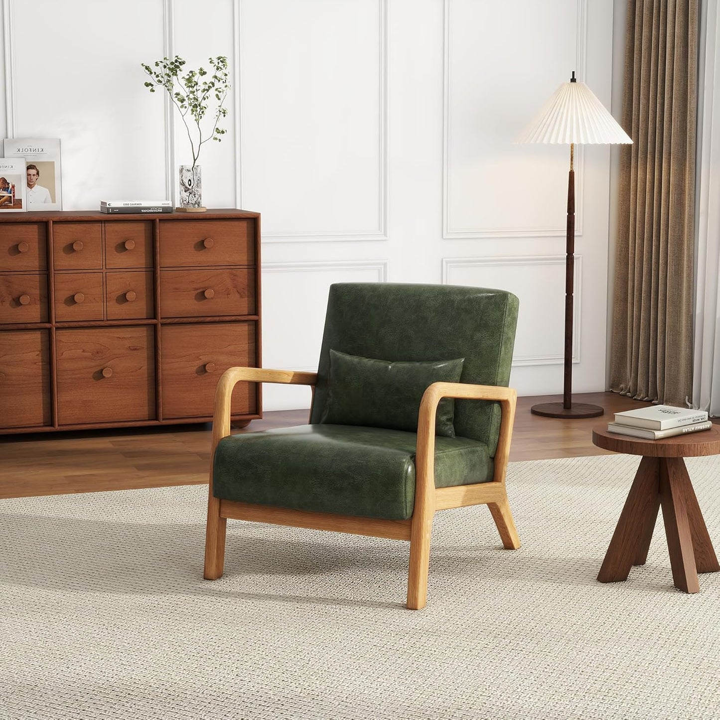 UIXE PU Leather Accent Chairs Set of 2, Upholstered Armchair for Living Room, Modern Arm Chair Comfy Single Sofa Bedroom Reading Seat with Lumbar Pillow - Hunter Green