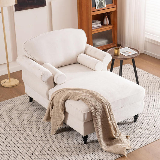 59.3" D Reclining Lounge Chair,Oversized Chenille Upholstered Sleeper Couch Chair with 2 Rolled Pillows,Mid-Century Modern Single Chaise Sofa for Living Room Bedroom Office(Beige, 1 Seat)
