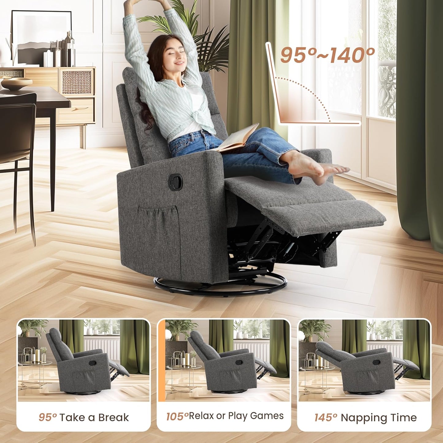 Rocking Recliner Chair with Large Footrest, Stain-Resistant Faux Leather Recliner Rocker, Single Sofa Recliner for Living Room, Office, High Back, Upholstered Deep Seat, Grey