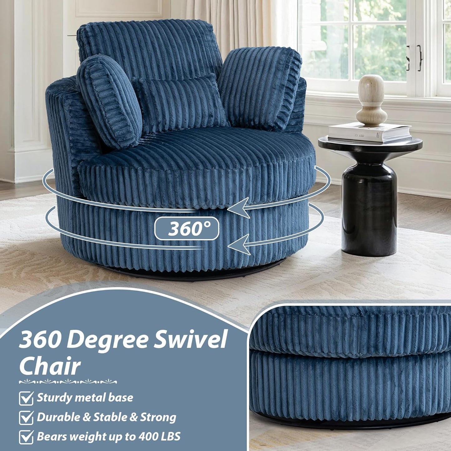 360-Degree Swivel Accent Chair Plush Corduroy & Foam-Filled Chaise Lounge Chair for Indoor Living Room & Bedroom, 40" Oversized Modern Design Round Barrel Chair, Comfortable Seating, Blue