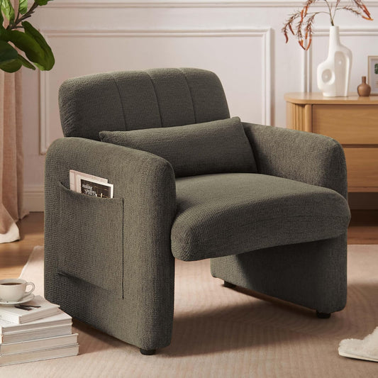 VKNOW Accent Chair Living Room Chair, Modern Fabric Chenille Armed Chair, Comfy Upholstered Armchair with Support Pillow for Living Room Bedroom Office, Light Brown