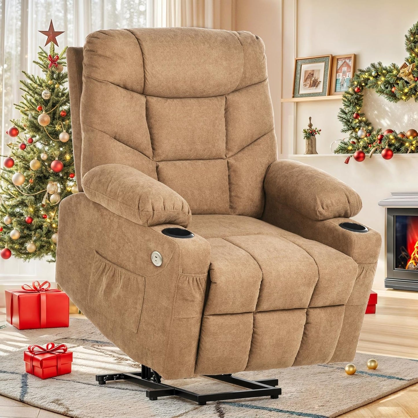 YITAHOME Power Lift Recliner Chair, Modern Fabric Recliner Chair with Massage and Heat, Spacious Seat, USB Ports, Cup Holders, Remote Control, Suitable for Living Room Dark Grey2