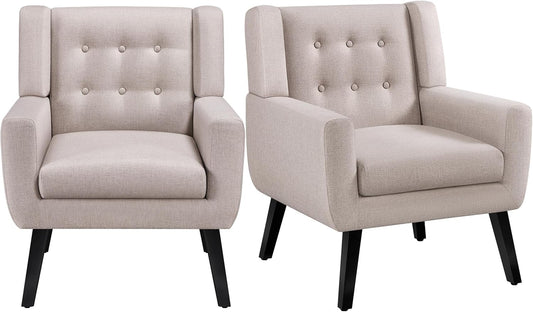 Topeakmart Armchair, Button Tufted Accent Chair with Solid Wood Legs, Linen Fabric Upholstered Barrel Chair Leisure for Living Room Office Bedroom Home Office, Beige, 2pcs