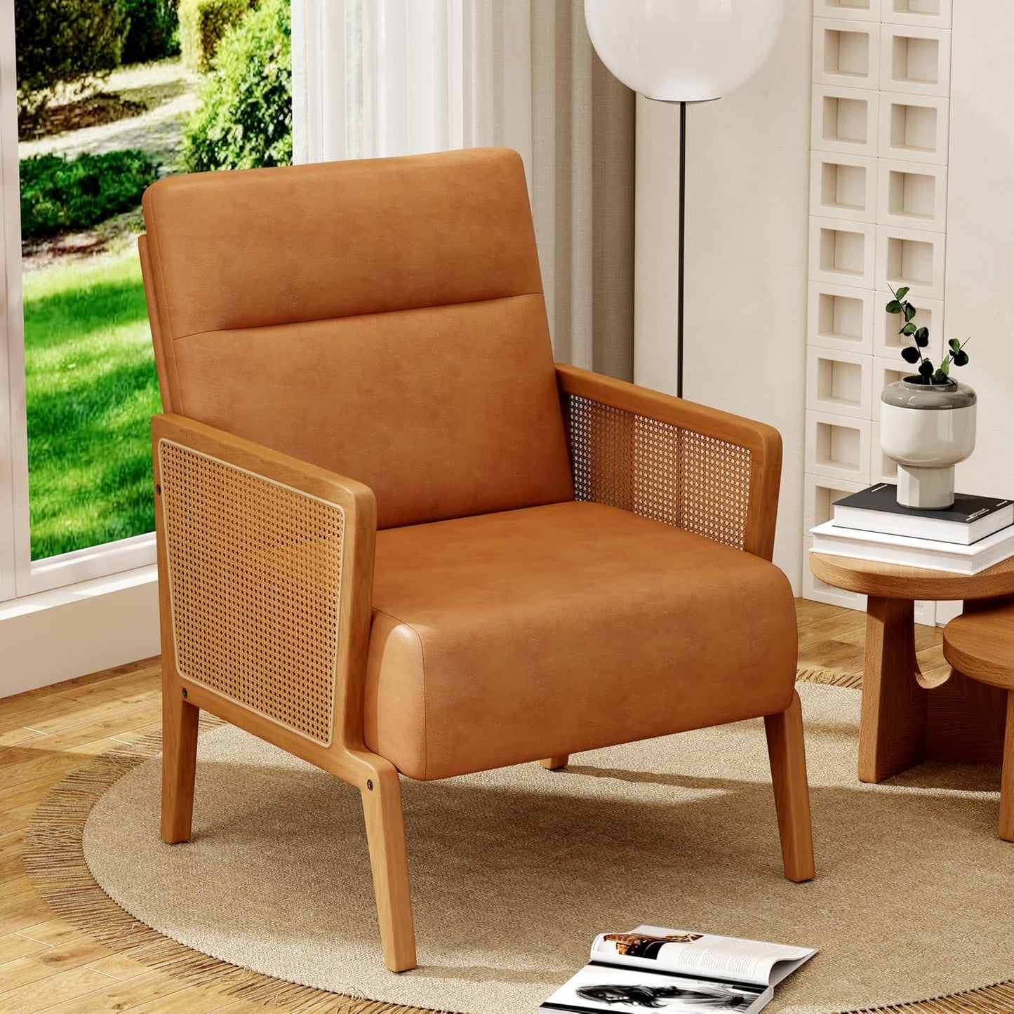 Yongchuang Beige Accent Chairs Set of 2 Upholstered Living Room Chairs with Natural Rattan Arm, Modern Faux Leather Arm Chairs for Bedroom Club Reception
