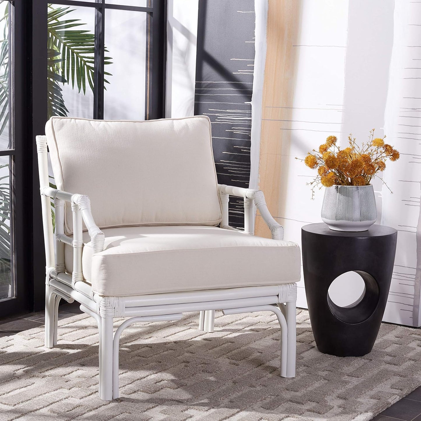 SAFAVIEH Home Kazumi Coastal White Rattan Cushion Accent Chair (ACH6508A)