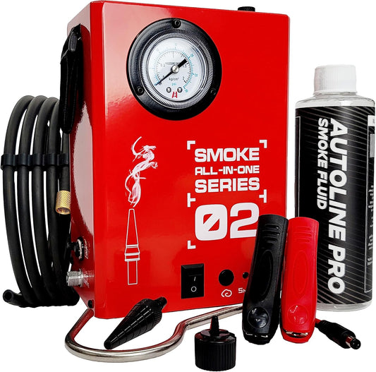 Automotive Smoke Machine for EVAP, Vacuum, Exhaust, and More Leak Detection Testing | Model 02 | Approved Smoke Fluid Included | Built-in Air Compressor | Pressure Gauge