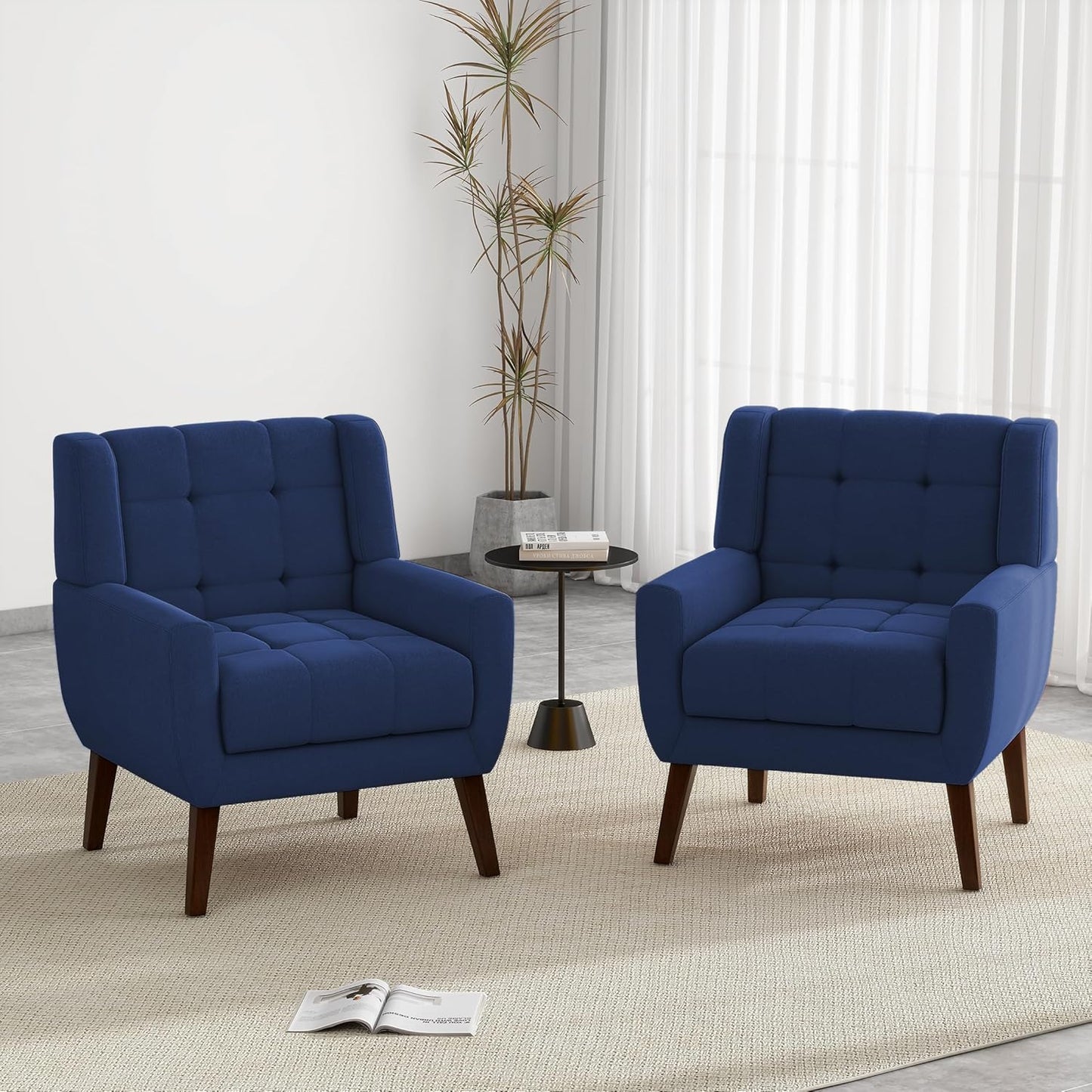 UIXE Accent Chairs Set of 2, Modern Upholstered Arm Chair in Fabric for Living Room, Comfy Armchair Single Sofa Seat with Solid Wooden Legs (Green)