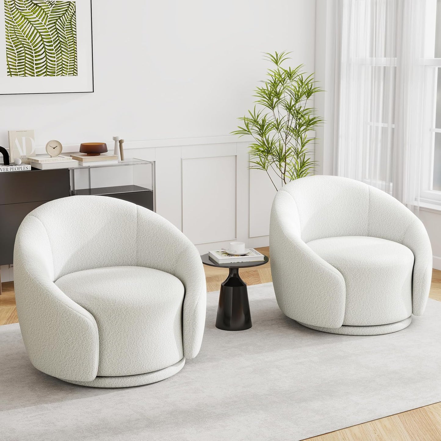 UIXE Swivel Accent Chair, Boucle Barrel Chair Upholstered Arm Chair for Living Room, Modern Round Club Chair with Turntable Base - White, Set of 1