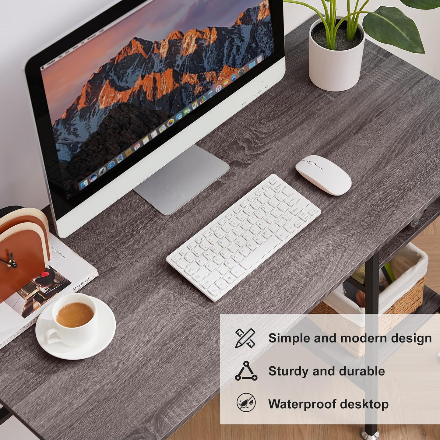 VECELO 43 Inch Computer Desk Writing Study Work Office Table Modern Desk with Shelves Wooden Desk for Home Bedroom,Brown Desk