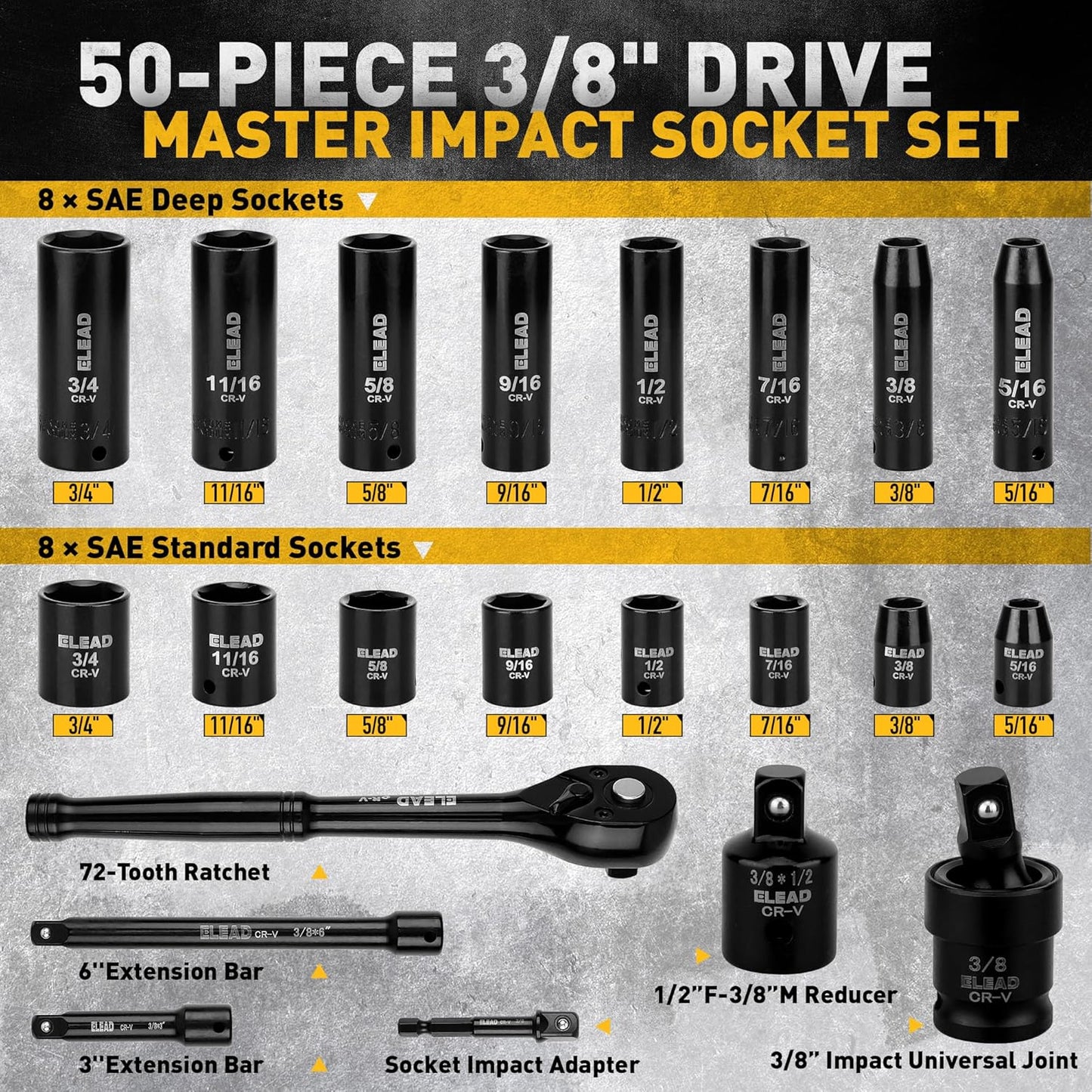 3/8'' Drive Impact Socket Set - 50-Piece Shallow & Deep Socket Set Metric and Standard Full with Universal Joint, Extension Bar, 1/2 to 3/8 Reducer, Hex Shank Socket Adapter, Ratchet Handle