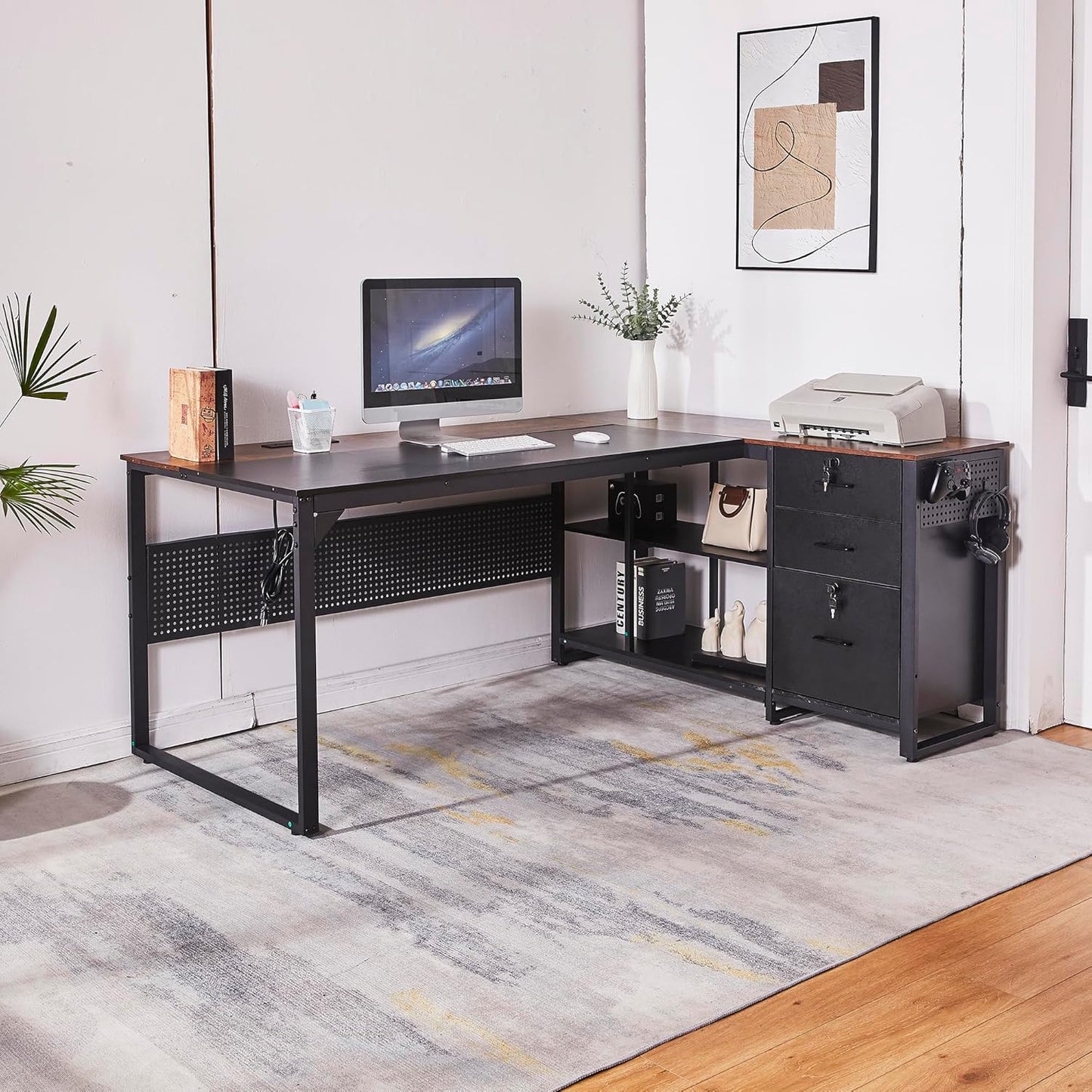 70 Inch Reversible L Shaped Desk with Power Outlet,Lockable Drawers,Adjustable File Cabinet & Storage Shelves,L Shaped Executive Desk with Pegboard,Large Corner Desk for Home Office
