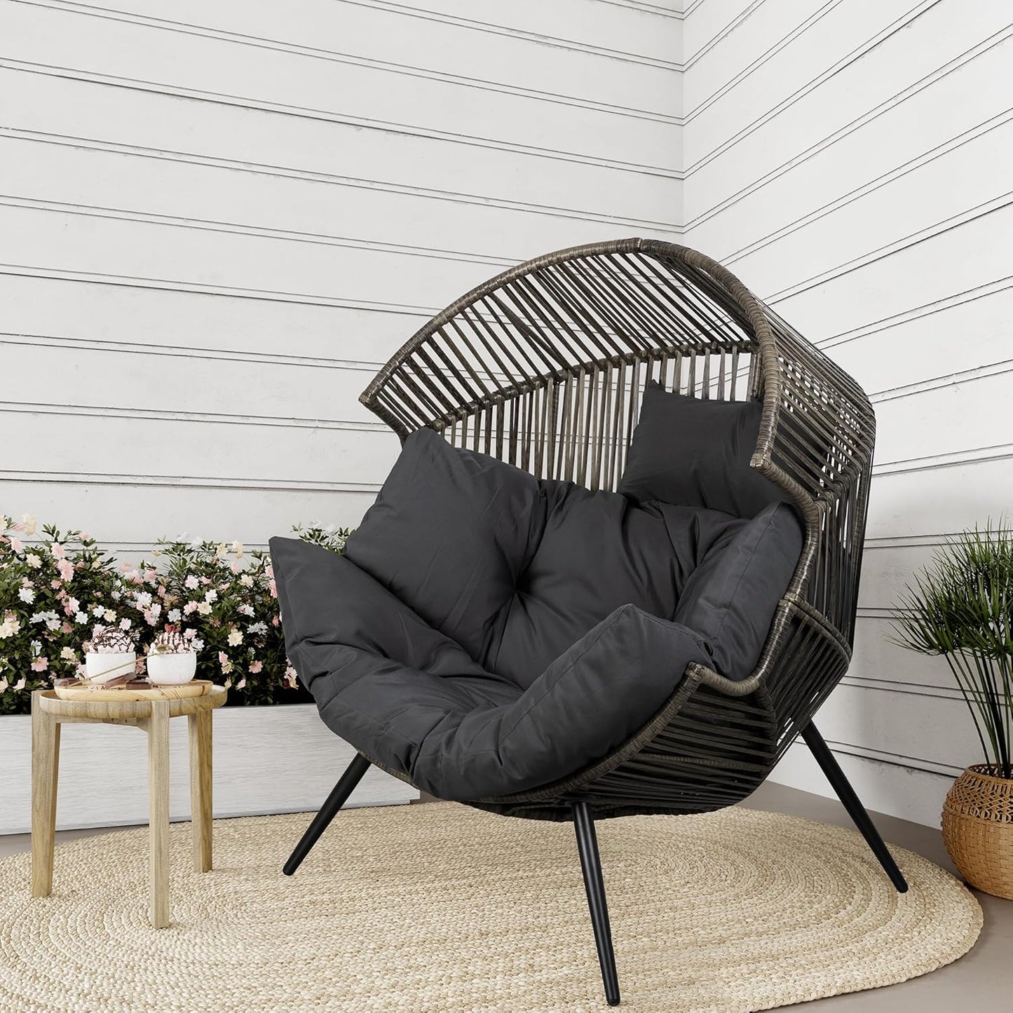 Shintenchi Wicker Egg Chair Outdoor Rattan Patio Chair with Cushion,Oversized Patio Lounge Chairs with Cushion Egg Basket Chair, Egg Seat for Indoor Living Room Bedroom Outside Patio Backyard Balcony