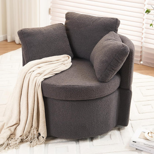 Swivel Accent Chair 360° Barrel Armchair with Storage, Modern Living Room Chair Upholstered Round Club Chair with Back Cushion, Teddy Fabric Comfy Chair for Bedroom Reading Room, Dark Grey