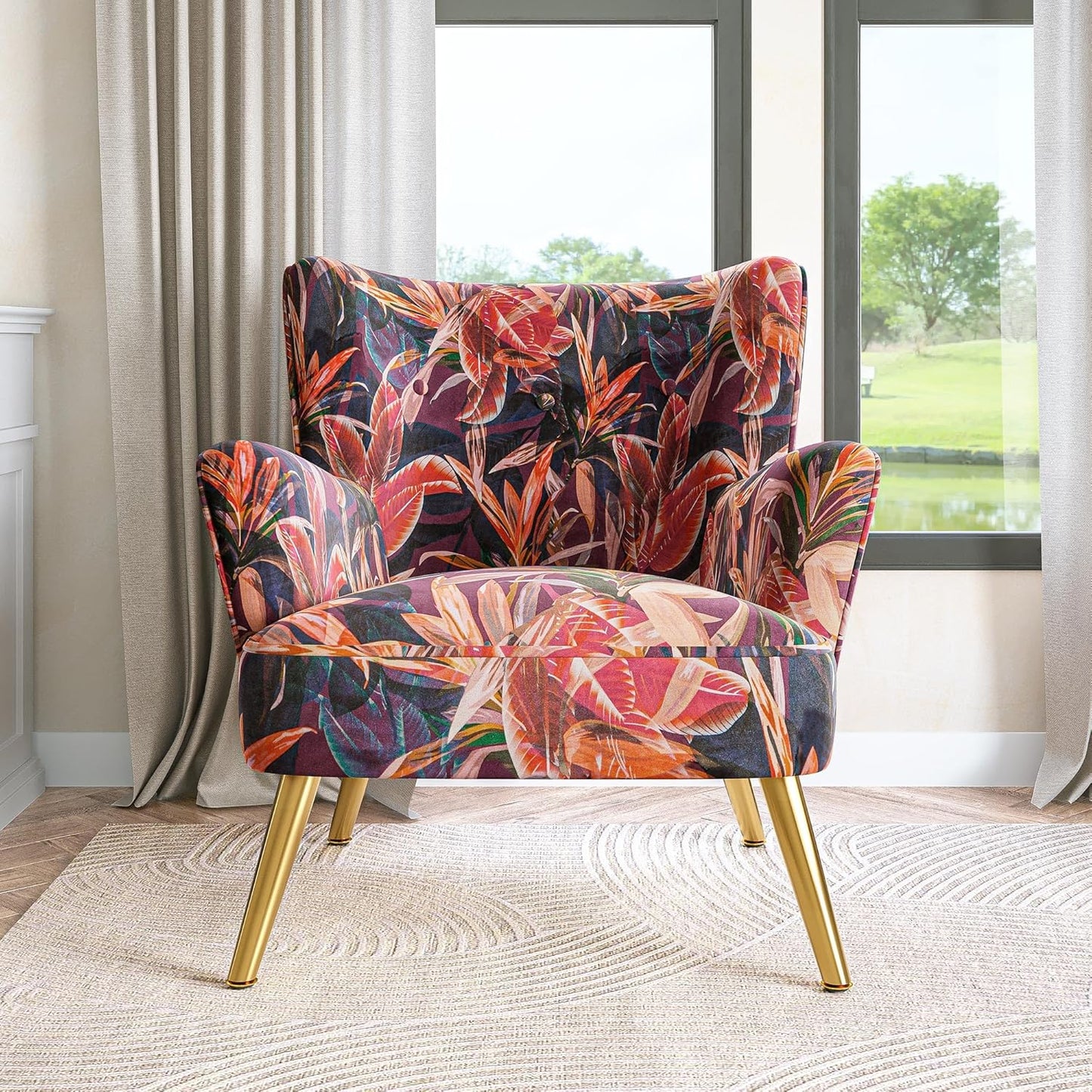 BELLEZE Modern Accent Chair, High Back Floral Pattern Armchair with Metal Legs, Upholstered Wingback Single Chair for Living Room Bedroom Office [Set of 2] - Holland (Red Floral)
