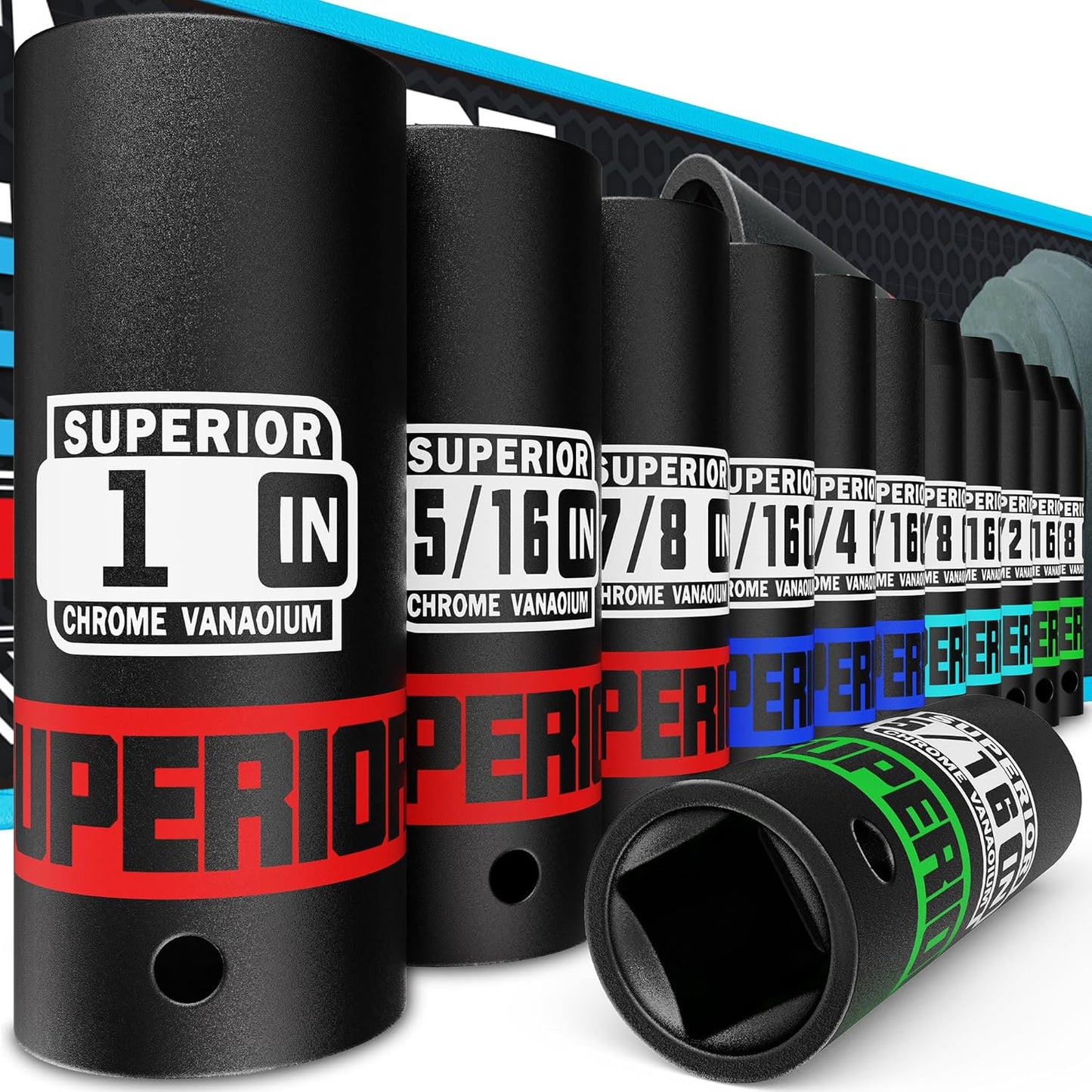 9 Piece 1" Drive Deep Impact Socket Set, 1 Inch - 2 Inch, SAE, 6-Point Design, Heavy Duty CR-MO, Truck Tire Service, Mechanical Equipment Maintance