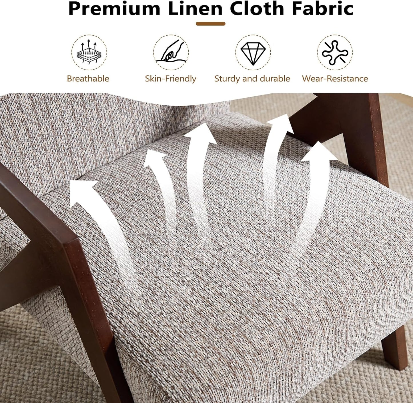 Bonzy Home Mid-Century Modern Accent Chair Set of 2 with Solid Wood Frame, Upholstered Armchair for Bedroom & Living Room,Reading Side Chair with Soft Lien Fabric Cushion,Easy Assembly,Beige