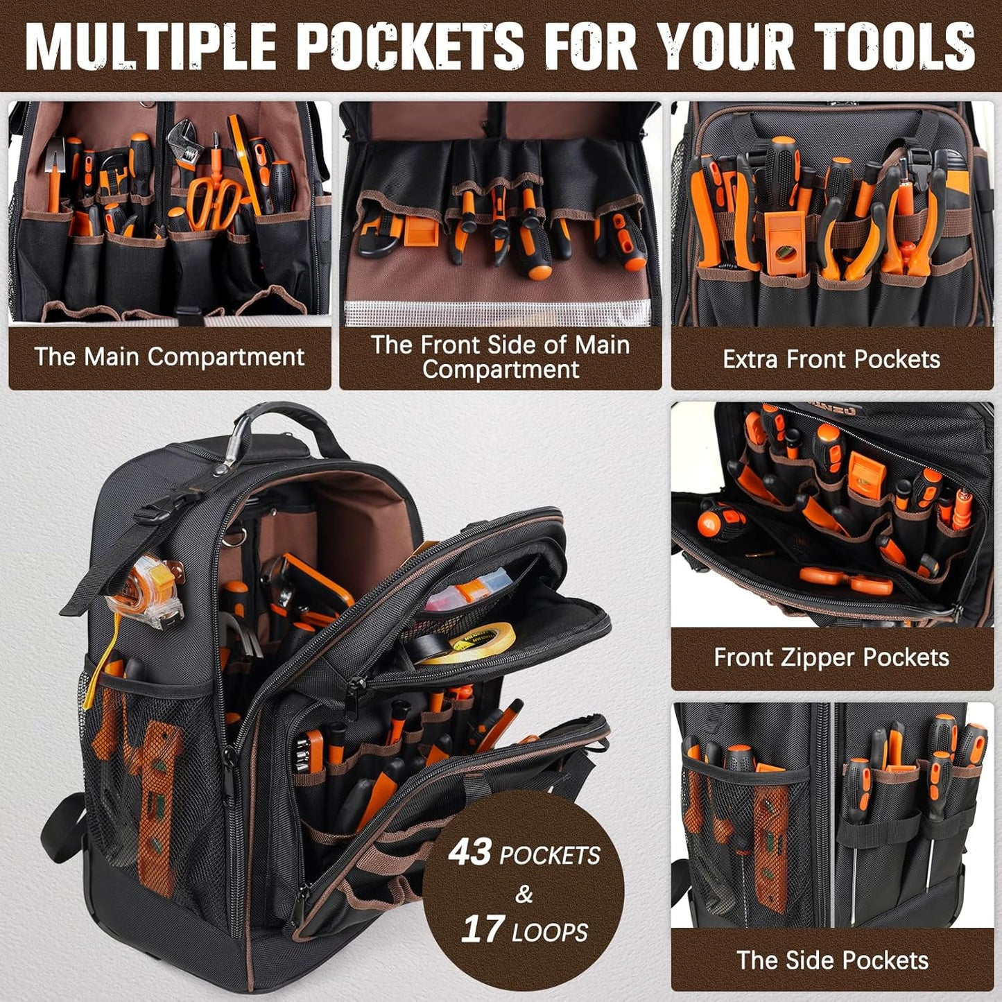 Rolling Tool Backpack Heavy Duty, 43 Pockets Tool Backpack with Wheels, Rolling Tool Bags for Men with Retractable Handle, 1680D Tool Bag with Wheels for Electrician Construction Worker Mechanic HVAC