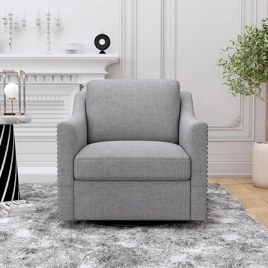 360 Degree Swivel Armchair Cotton Linen Fabric Ergonomic Design Brass Nail Decorative Armchair Living Room Chairs Bedroom Chairs (Gray)