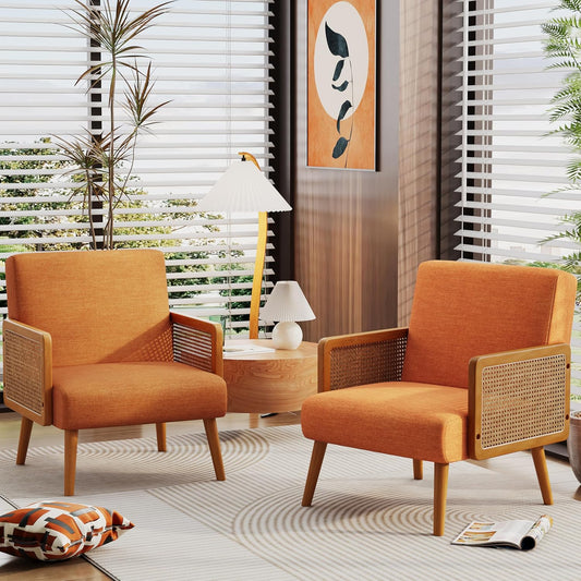 Yongqiang Orange Accent Chairs Set of 2, Natural Rattan Upholstered Arm Chairs for Bedroom Living Room Side Chairs Linen Comfy Reading Chair