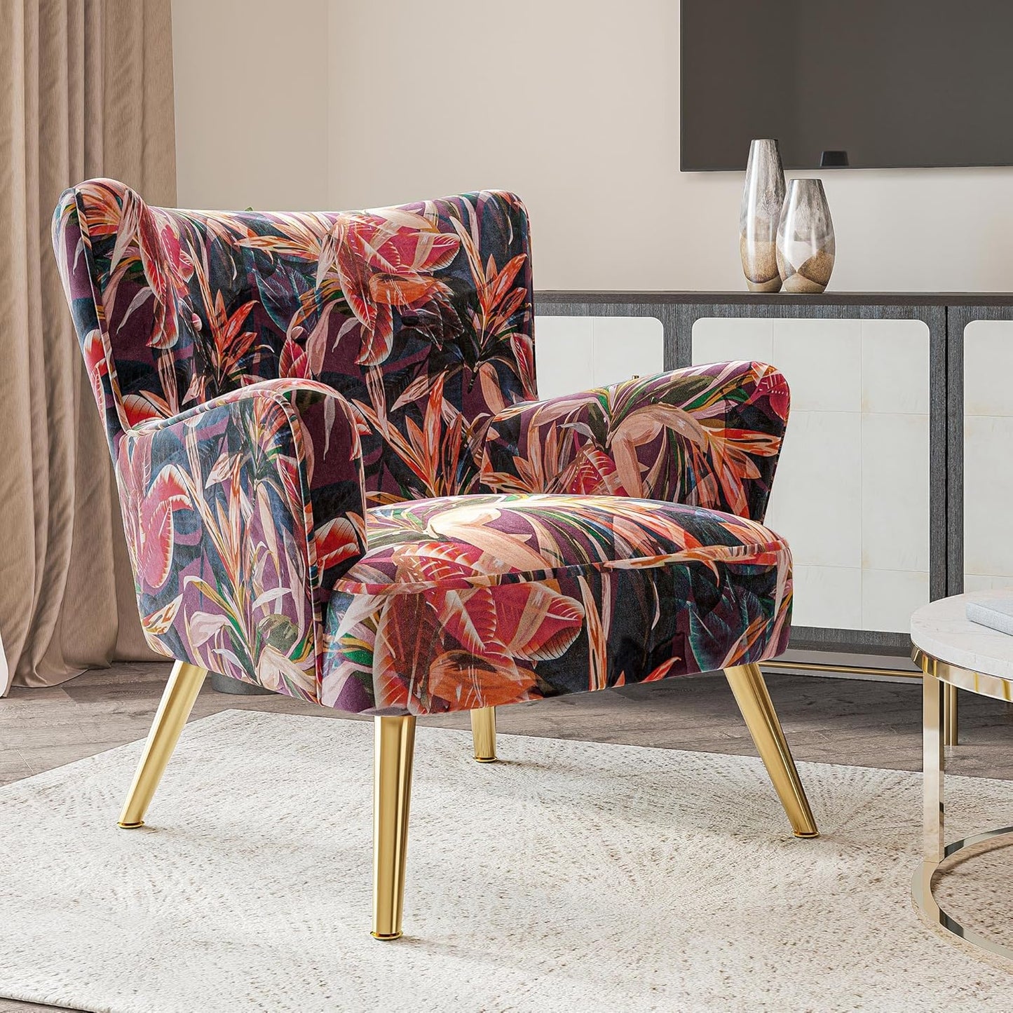 BELLEZE Modern Accent Chair, High Back Floral Pattern Armchair with Metal Legs, Upholstered Wingback Single Chair for Living Room Bedroom Office [Set of 2] - Holland (Red Floral)