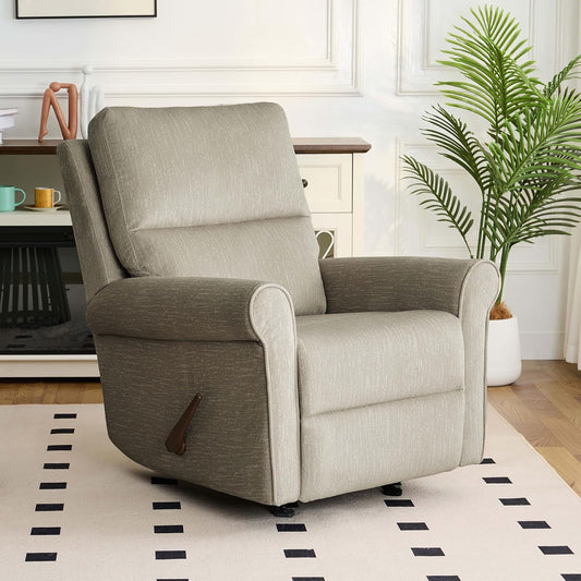Swivel Rocker Recliner Chair, Manual Rocking Chair with Spring Cushion for Adults, Nursery Recliner with Overstuffed Backrest and Armrests for Living Room, Grey