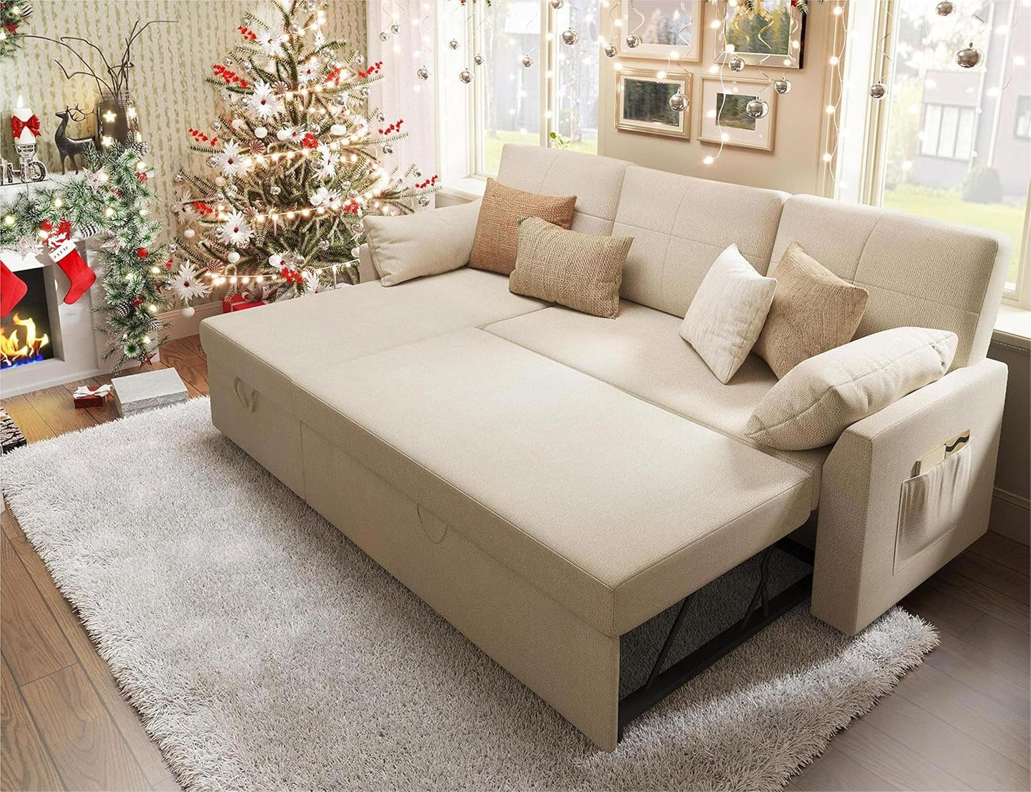 VanAcc Sofa Bed, Sleeper Sofa- 2 in 1 Pull Out Couch Bed with Storage Chaise for Living Room, White Sherpa 84in x 59in x 39in