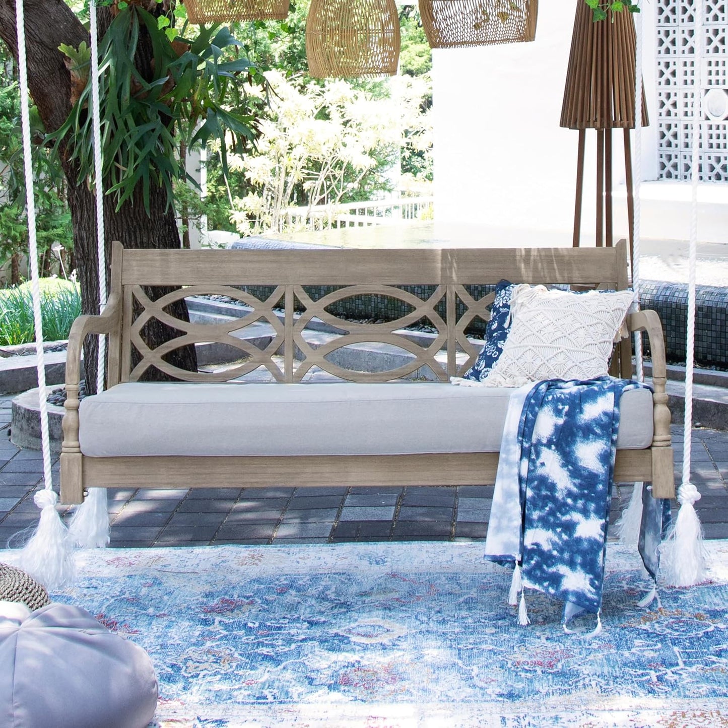 Cambridge Casual Renley Mahogany Porch Swing Bed with Oyster Cushion – Outdoor Hanging Swing Daybed for Patio, Backyard, or Garden – Durable Solid Wood, Weather-Resistant