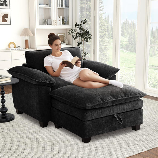 51" Oversized Chaise Lounge Chair Indoor with Storage Ottoman, Upholstered Cloud Accent Chair with Extra Wide Armrests, Comfy Beige Chenille Sleeper Chair for Living Room Bedroom Reading (Black)