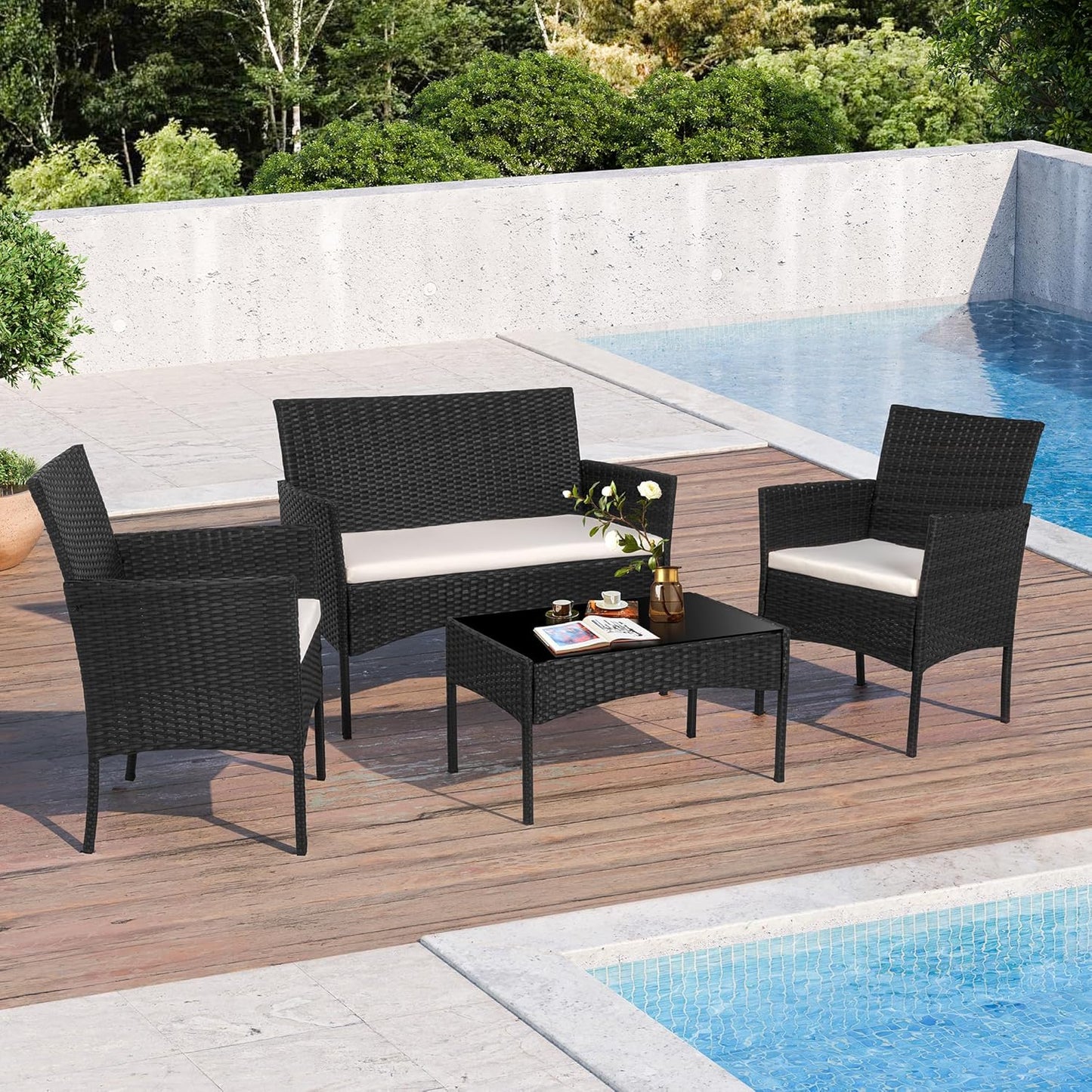 Shintenchi 4 Piece Outdoor Patio Furniture Set, Wicker Rattan Patio Conversation Set, Outdoor Chairs and Loveseat with Coffee Table for Porch, Yard & Poolside (Brown)