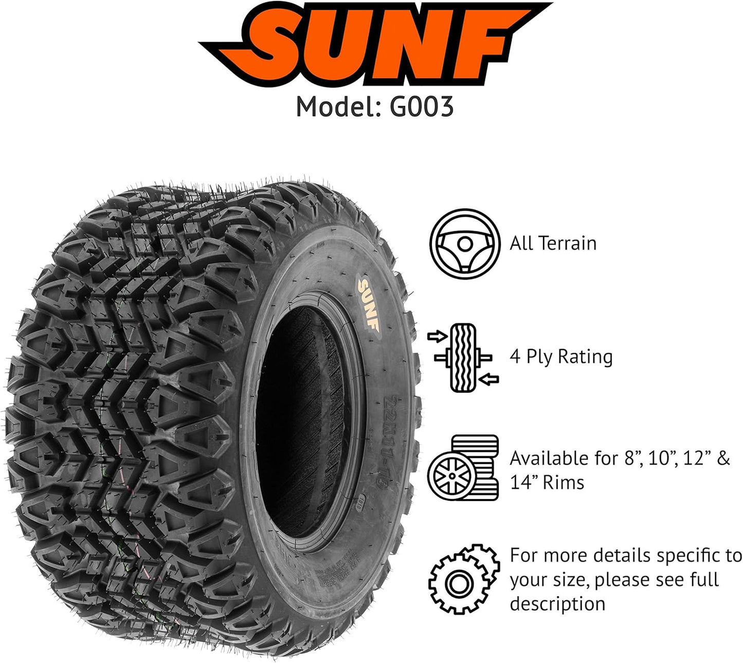 [Set of 2] SunF 20x10-8 20x10x8 ATV UTV Tires 4 Ply Golf Cart Lawn Mower Quad G003 [ Rim(s) NOT included ]