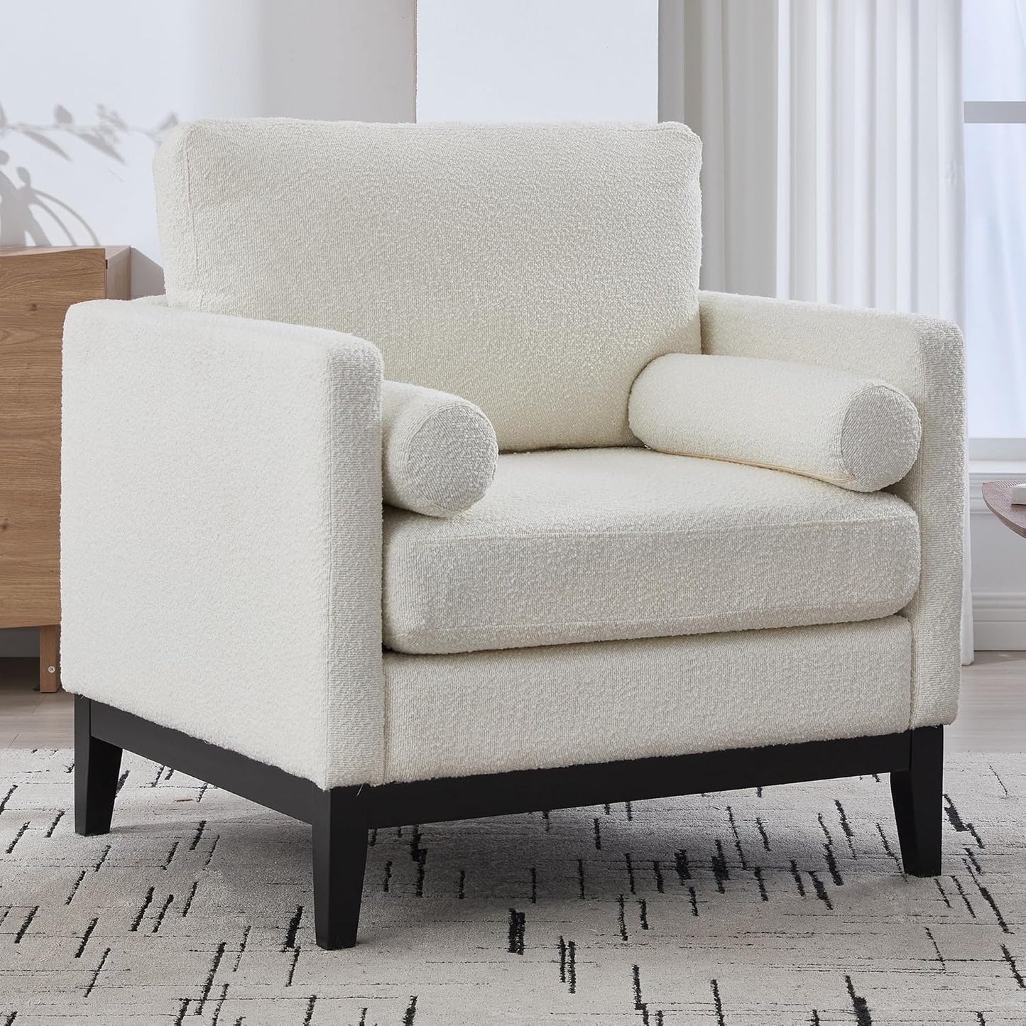Yowan&Sillan 35.4" Wide Large Armchair Oversized Accent Chair,Modern Boucle Comfy Living Room Bedroom Reading Chairs Single Sofa,Black Wood Leg,Chairs for Lounge,Study,Office,Reception,Black