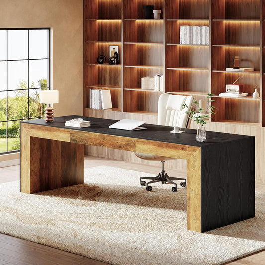 Tribesigns 86.6-Inch Long Computer Desk for 2 People, Farmhouse Executive Desk with Wooden Desktop and Legs, Large Workstations Writing Table Gaming Table for Home Office, Heavy Duty, Black + Brown