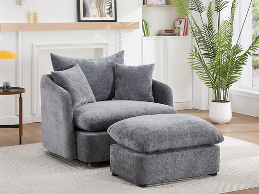 46" Oversized Swivel Accent Chair with Ottoman Set, Upholstered 360° Swivel Barrel Chair and A Half with Ottoman, Extra Wide Seat Lounge for Living Room, Reading, Bedrooms