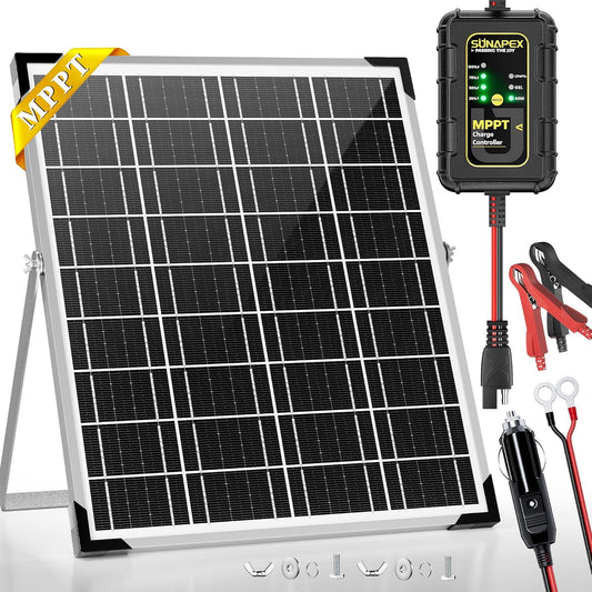 SUNAPEX 12V Solar Battery Charger: 25W Waterproof Solar Panel Kit- Aluminum Trickle Charger for Car Battery with MPPT Controller - Battery Tender Motorcycle Boat Marine RV Trailer Tractor Truck