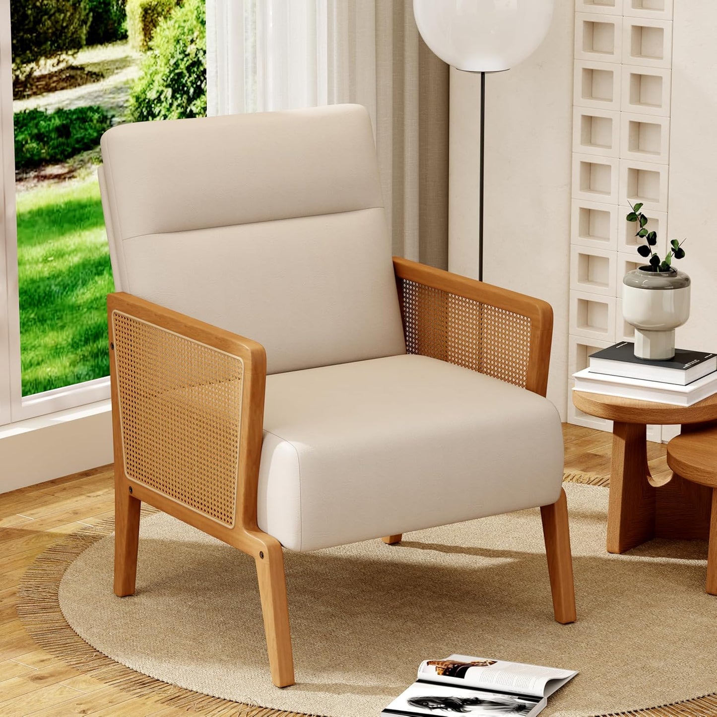 Yongchuang Beige Accent Chairs Set of 2 Upholstered Living Room Chairs with Natural Rattan Arm, Modern Faux Leather Arm Chairs for Bedroom Club Reception