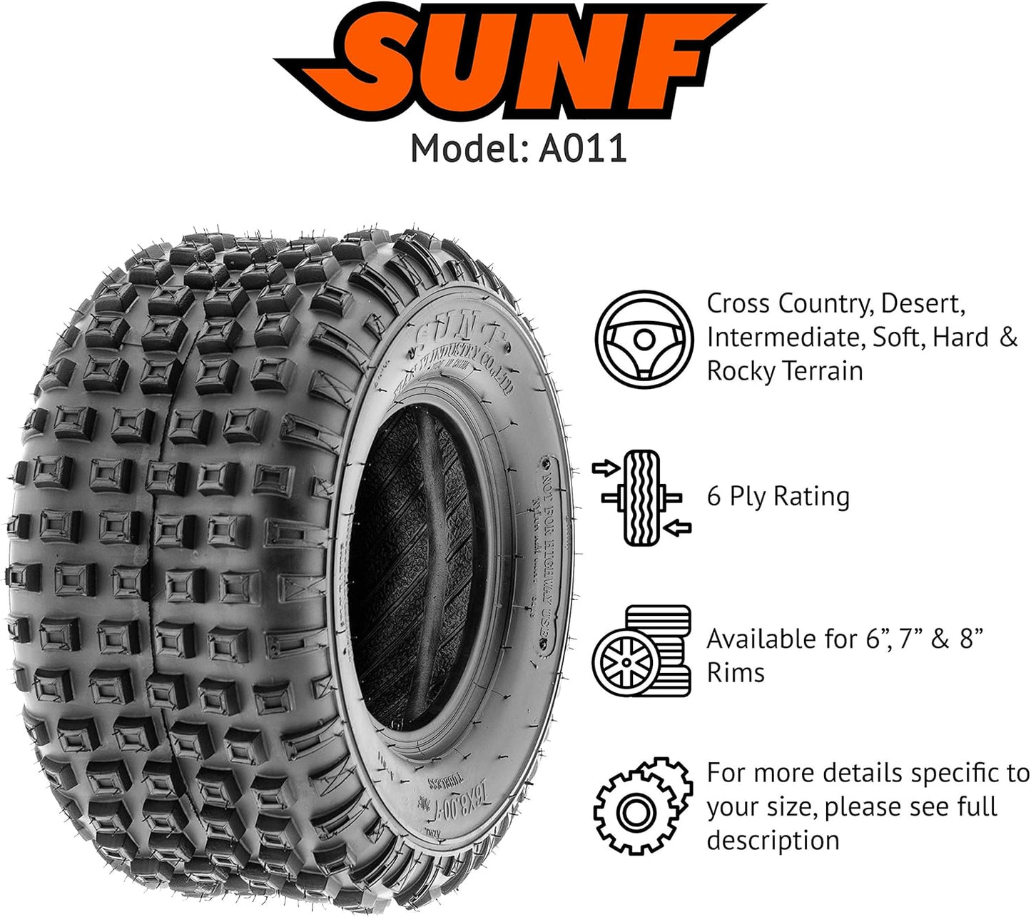 Set of 4 SunF A011 XC Sport ATV & Go Karts Knobby Tires 145/70-6 (14x6-6), 6 PR, Tubeless