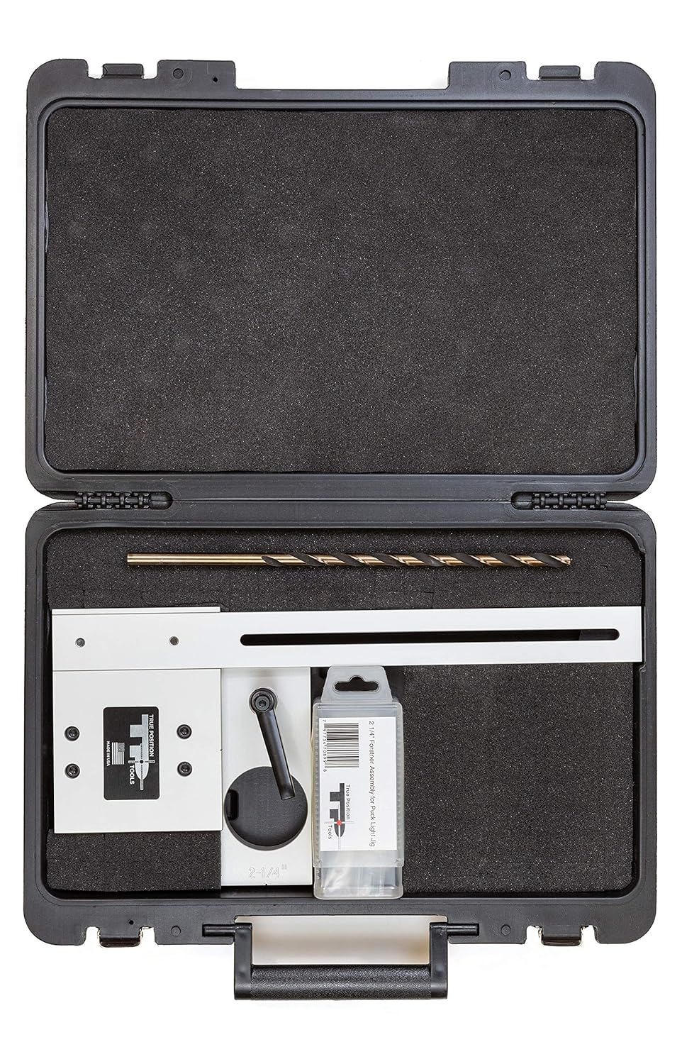 Cabinet Light Jig MAX, 2-1/8" and 2-1/4" Forstner Bits with Case - for LED Puck and Strips - Made in USA - True Position Tools