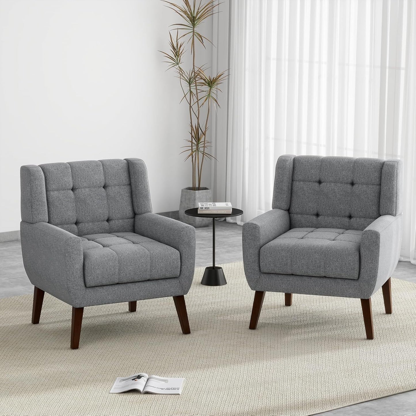 UIXE Accent Chairs Set of 2, Modern Upholstered Arm Chair in Fabric for Living Room, Comfy Armchair Single Sofa Seat with Solid Wooden Legs (Green)