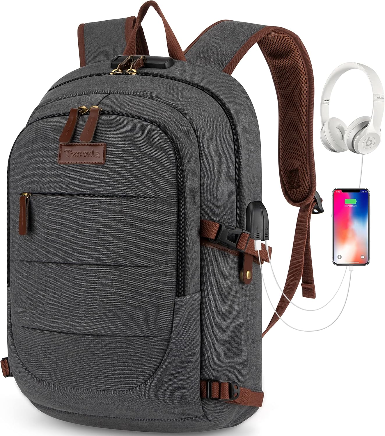 Tzowla Anti-Theft Water Resistant 17.3 Inch Laptop Backpack with USB Charging Port and Lock, Black
