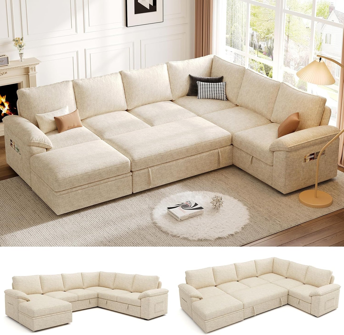 108 Inch Sectional Sleeper Sofa with Pull Out Bed,U Shaped 7 Seat Modular Sectional Sofa with Storage,Sectional Couches for Living Room,Cloud Modular Couch,Removable Sofa Cover,Dark Grey