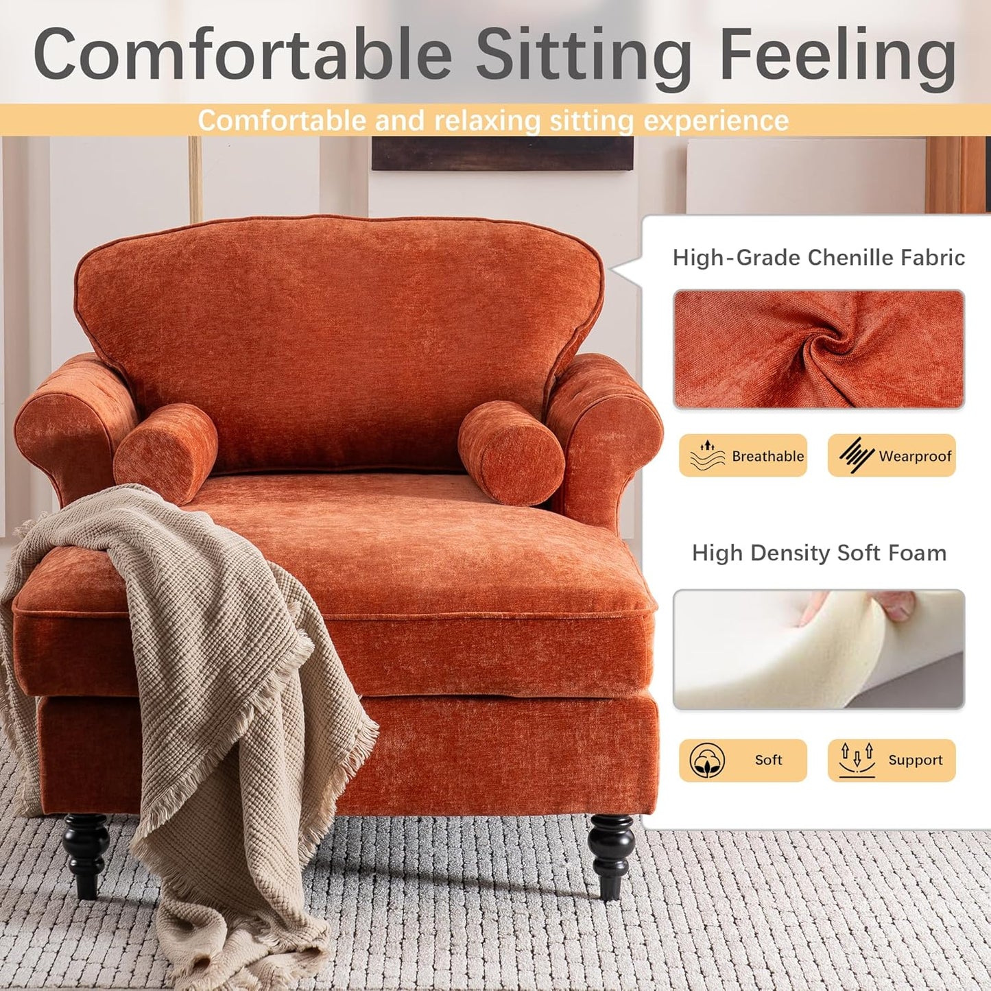 Chaise Lounge Chair Indoor with 2 Pillows, Leisure Upholstered Sofa Recliner, Chenille Single Chair for Living Room, Bedroom, Office (Orange)