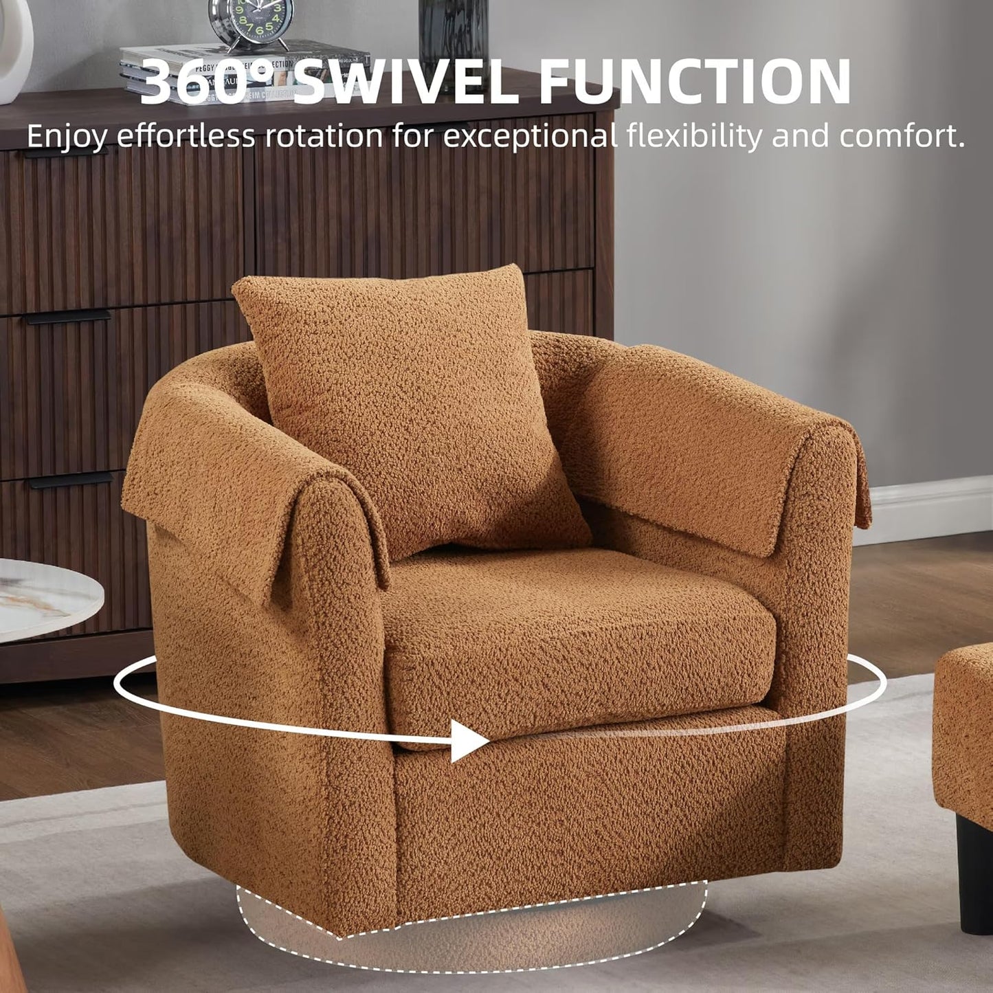 COMHOMA Swivel Accent Chair with Ottoman Set,Modern Chenille Barrel Armchair with Removable Back Pillow&2 Armrest Covers for Living Room,Bedroom,Office,Brown