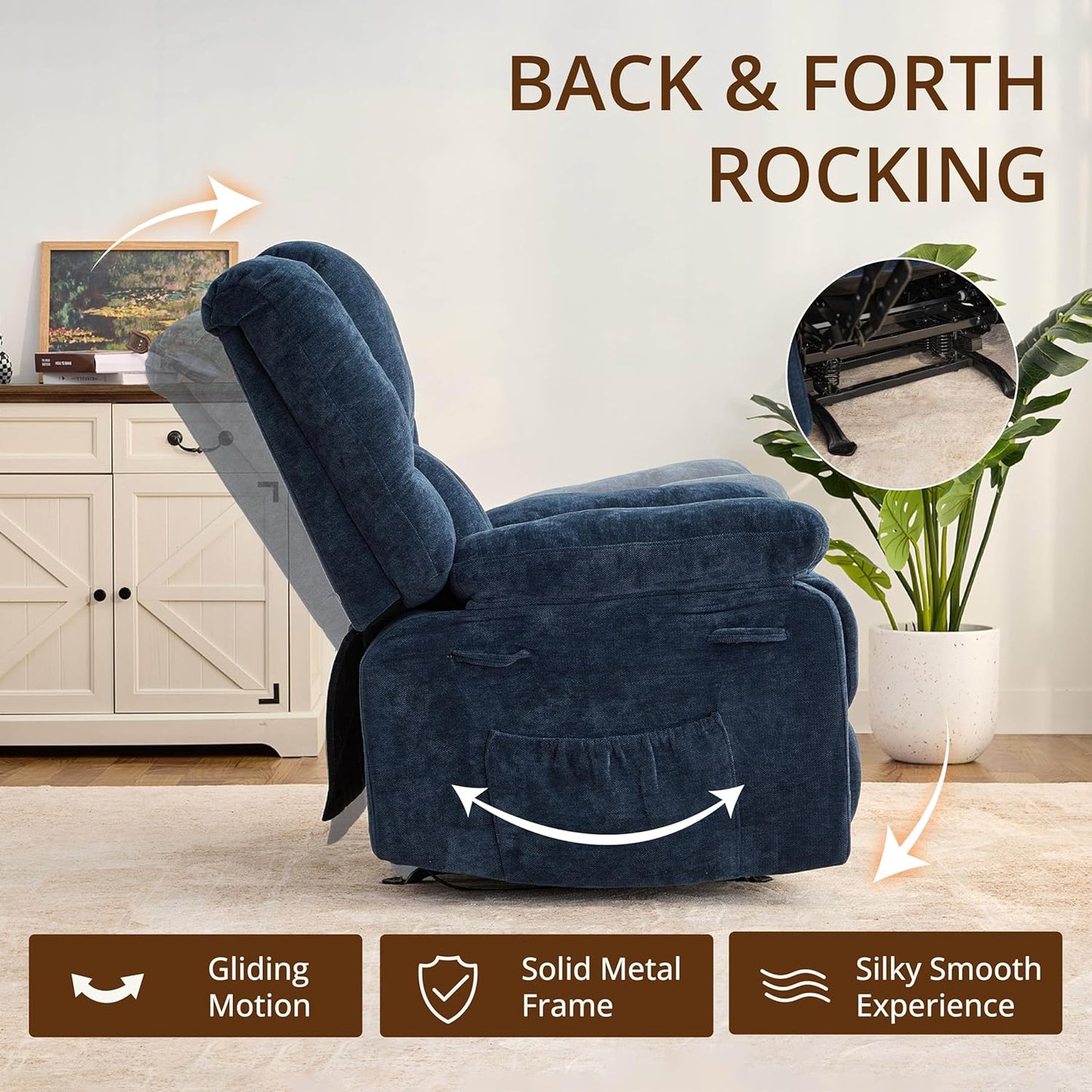 Velvet Rocker Recliner Chair for Adults, Rocker Recliner Nursing Single Sofa with Overstuffed Armrest and Backrest, Lazy Boy Recliner Chair with Side Pockets for Living Room, Medium, Blue
